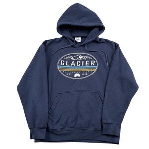 Glacier National Park Hoodie Unisex Large Navy Prairie Mountain Pullover